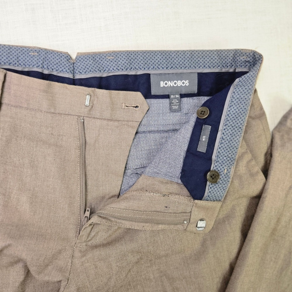 Bonobos Slim Chinos 33x34 Mens Tan Brown Stretch Cotton Trousers Business Casual - Picture 7 of 12
